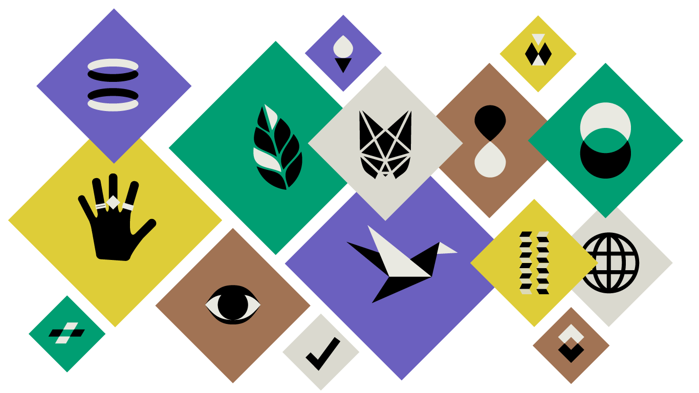 A mosaic of abstract objects such as a hand, an eye, plants, etc., on diamond tiles of different sizes, in yellows, purples, greens, mauves.