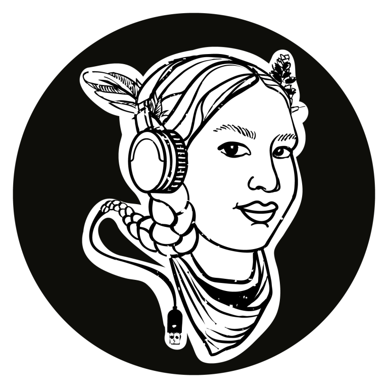 A line drawing of a stylized woman with head dress